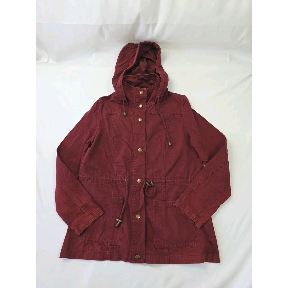 Forever 21 Burgundy Utility Jacket Womens Medium Hooded Anorak Cinch Waist Faded